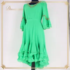 社交ダンス 衣装 ラテン ツーピース セットアップ 上下セット トップス スカート 緑 グリーン系 蛍光 パーティ 発表会 ダンス 舞台 ゴールド ゆうこの部屋 動きやすい 軽量 薄手 エレガント 衣装セット 女性用 ダンス衣装 フォーマル発表会 キラキラ