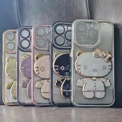 iPhone14Pro 15Pro キラキラ ソフト ケース カバー ラインストーン Kitty ミラー付きスタンド マグネット吸着 各色 ゴージャス かわいい キティちゃん