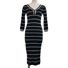 ロイヤルパーティー ROYAL PARTY ワンピース ニット Iライン 膝丈 スリット リブ ボーダー 七分袖 F 紺 白 ネイビー ホワイト