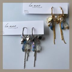 《304ステンレス フープ》ハンドメイドピアス ブルー天然石 クリア ジャラジャラ チェーン シルバー ゴールド モード アレルギー対応《イヤリング変更可能》