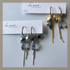 モード♡《304ステンレス フープ》ハンドメイドピアス ブルー天然石 クリア ジャラジャラ チェーン シルバー ゴールド モード アレルギー対応《イヤリング変更可能》