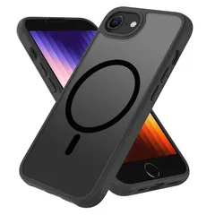 iP SE4 ケース 半透明 MagSafe対応 マグネット搭載 iP SE4 カバー 米軍MIL規格 耐衝撃 マット感 黄ばみなし ストラップホール付き マグセーフ対応 ワイアレス充電対応 PinLiSheng (ブラック, iPhone SE4)