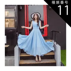種類11：ライトブルー/L シフォンワンピース シフォンドレス ドレスワンピース ワンピース ドレス フレアワンピース シフォンワンピース ロング ロング丈 マキシ マキシ丈 9分丈 袖なし ノースリーブ Vネック カシュクール フレア セミフレア Aライン 