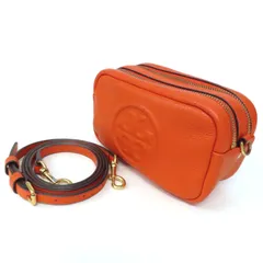 OH25009 美品 TORY BURCH トリーバーチ ペリー ボンベ  2WAY ミニ ショルダーバッグ ポーチ シボ革 レザー スクエア Wファスナー クロスボディ オレンジ