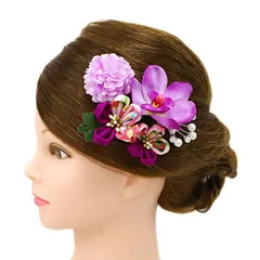 髪飾り 成人式 つまみ細工 振袖 前撮り 袴 花 5点セット 紫 薄紫 赤紫 白 パステルカラー ちりめん 和柄 パール かんざし レト No.9-4991