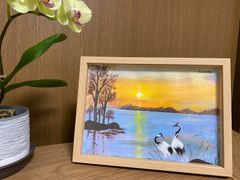 绘画「日の出と丹頂鶴」アクリル絵/新品額縁