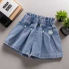 キッズ　ガールズ　デニムパンツ　ビーズ付き　かわいいデニムショートパンツ　スカパン　短パン[110-160]