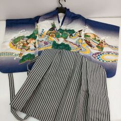 05wm11343 七五三 5歳 男子 羽織袴 サイズ不明 着物 鷹 松 カブト 軍配 縁起柄 青系  和装 セット  【中古品】
