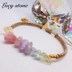 天然石 パワーストーン ブレスレット アンクレット マクラメ レインボー さざれ シトリン ローズクォーツ アメジスト アクアマリン プレナイト