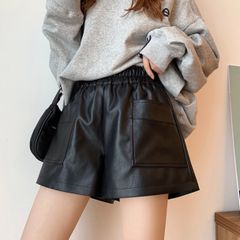 レザー ショートパンツ ウエストゴム ショートパンツ フェイクレザー