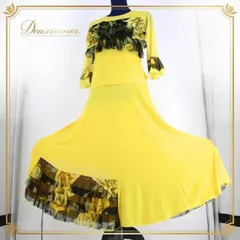 社交ダンス 衣装 スタンダード ツーピース セットアップ レッスンウェア パーティー ラインストーン ブラック系 イエロー系 黒 黄色 花柄 薔薇 バラ ロングスカート シック デザイン 伸縮性 おしゃれ 踊りやすい セットアップスカート モダンダンス