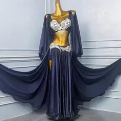 新品未使用 ベリーダンス オリエンタル衣装  トップス スカート オーダーメイド ステージ衣装  上下セット オリエンタルベリーダンス服 ビーズスパンコール  ネイビー