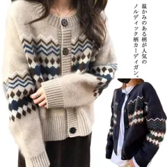 ノルディック柄 長袖 ニット アーガイル柄 20代 春 ニット ボタン 羽織り ショート シンプル 秋 冬 カーディガン カジュアル アウター コンパクト 厚手 ネイビー 紺 ベージュ レディース 3#fleur599995
