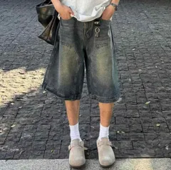 種類3：M/B： コットン ブラック 半袖  メンズ ファッション 服 男性用 オシャレ シンプル 大人 かっこいい 大きいサイズ ストリート 紳士服 アメリカ レトロ ダメージ 加工 デニム ショート パンツ 夏 ストレート ワイド レッグ オーバーニー ク