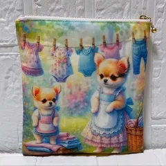 フラットポーチ　ファスナーポーチ　ハンドメイド　両面パネル　お洗濯ワンちゃん　チワワ　パピヨン
