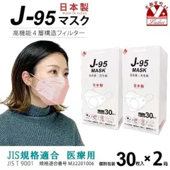 【まとめ買い2個組】サージカルマスク 不織布 3d 立体 日本製 j95 正規品 JIS規格適合 30枚入×２箱(60枚)「ライトピンク」j95-mask-st-PK2