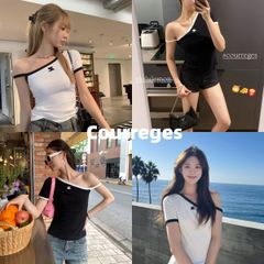 新品 Courreges 刺繍LOGO 人気 アシンメトリー 半袖 ショートスリーブ Tシャツ  Y2K 【2色選択可能】