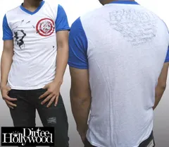 ダーティーハリウッド メンズ Tシャツ Vネック Dirtee Hollywood KNIFE GIRL ブルー LA セレブ Safari サファリ LEON レオン オーシャンズ 雑誌 掲載 ブランド ベッカム リンジー ローハン 芸能人 女優 俳優 着用