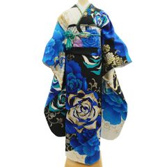 振袖セット 美品 青黒 クール かっこいい バラ 個性的 成人式 結婚式