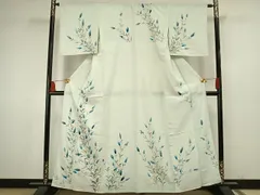 平和屋着物▽訪問着　単衣　紬地　手描き　草花文　正絹　逸品　AAAU7997fy