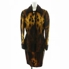 ジャンニヴェルサーチ ヴェルサーチェ GIANNI VERSACE スーツ セットアップ 上下 ジャケット タイトスカート ひざ丈 ヒョウ柄 レオパード ファー 金ボタン 9 M 黄 イエロー 茶 ブラウン /AN1のサムネイル