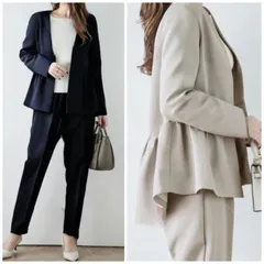 ペプラム パンツスーツ セットアップ ノーカラー 長袖 ジャケット テーパードパンツ オフィス セレモニー フォーマル 体型カバー スーツ