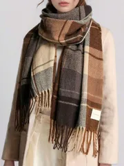 アクセサリー レディース スカーフ 1個 レディースファッションの韓国風チェック柄スカーフ、秋冬暖かいファッションのフリンジ付き学生用スカーフ、カップル用厚手の長いショール