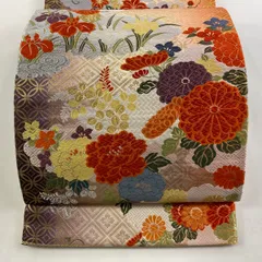 【美品】 袋帯 秀品 関西仕立て 雲取百花紋 金糸 箔 クリーム 六通 正絹 【中古】
