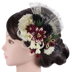 髪飾り 成人式 水引 つまみ細工 ゴールド 振袖 前撮り 袴 花 赤紫 ワインレッド 白 黒 ちりめん 藤下がり 組紐 レース ラメ 大 No.9-5589