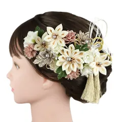 髪飾り 成人式 振袖 3点セット つまみ細工 剣つまみ 白 クリーム色 ピンク 緑 ゴールド 房 房付き 組紐 水引 造花 レース 大き No.9-5339