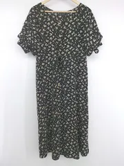 ◇ CHIP CLIP チップクリップ 花柄 スクエアネック 五分袖 膝下丈 ワンピース サイズM ブラック アイボリー系 レディース E  【1305250016313】