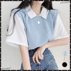 送料無料 半袖ニットtシャツ レイヤード風Ｔシャツレディース 襟付きトップス バイカラーカットソー 切り替えtシャツ 韓国プルオーバー大人カジュアル 体型カバー 夏服配色半袖カットソー通学 オフィスカジュアル 重ね着風Ｔシャツ夏