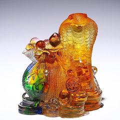 中国工芸ガラス 夏氏瑠璃 双龍葡萄蝉蓋付置物 グラデーション 検招福