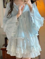 セットアップ　スカート　水色界隈　天使界隈　長袖　春　透明感　可愛い　姫袖　きれいめ　ファッション　ストリート　スカート　リボン