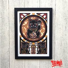 尾九 開運イラスト 招き猫 黒ネコに達磨 A4サイズ フレーム付き