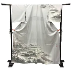 京やB094 正絹 特選 訪問着 上高地 手描き友禅作家 落款有り 白銅色 フォーマルからカジュアル 袷仕立て 仕立て上がり 未使用 新古品 美品 KIMONO 着物