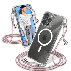 iPhone 15 Pro ケース クリア ショルダー MagSafe対応 耐衝撃 iPhone15Pro スマホケース マグセーフ対応 透明 織りストラップ付き アイフォン15 Proカバー 肩がけ 首掛け 紐付き 縄掛け シングルショルダーロープ 斜め 1