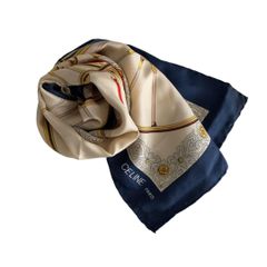 極美品CELINE セリーヌ シルク 大判スカーフ ネイビー/ホワイト タグ
