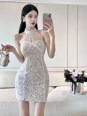 立体総レースミニドレス タイトホルターネック 高級感??パーティーに