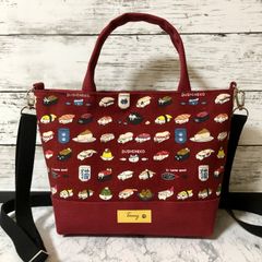 ★セール品(現品限り) 2WAY猫柄ミニトートバッグ 寿司猫 ワインレッド ハンドメイド メンズ レディース ハンドバッグ