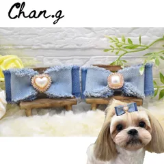 フリンジデニムリボン（ハート/スクエア）／　犬　犬用リボン　リボン　バレッタ　ヘアアクセサリー　トリミング　　トップノット　ベビー　キッズ　Chan.g. チャンジー