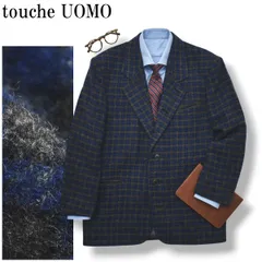 【希少】 80sヴィンテージ イタリア製 touche UOMO フランネル ウール チェック柄 シングル 3B テーラードジャケット 秋冬 ブレザー 48 ネイビー x グレー メンズ