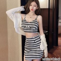 【グラシア】キャバドレス ミニドレス セットアップ ツーピース ノースリーブ ワンピース キャバ嬢 キャバクラ ラウンジ チェック柄 スリット レディース