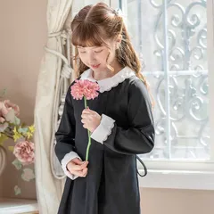 【ブラック】スカラップレース白襟長袖ワンピース きちんとワンピース キッズ キャサリンコテージ TAK