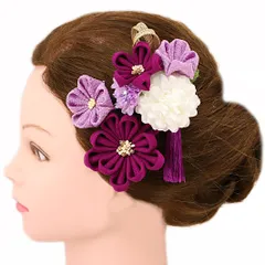 髪飾り 成人式 振袖 浴衣 卒業式 袴 結婚式 3点セット 紫 白 花 和 洋 かんざし 手作り 簪 つまみ細工 ちりめんフォーマル 花飾り 玉飾り ブライダル W 38 303-203 紫 白 p840　Si