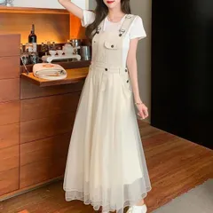 チュール ドッキング デニム フレア ジャンスカ ワンピース ジャンパースカート 膝下 マキシ マキシ丈 袖なし スクエアネック フレア Aライン 切り替えデザイン プリーツ シフォン ふわふわ ポケット 異素材MIX かわいい 大人可愛い きれいめ シンプル