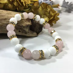 ローズクォーツ&ホワイトオニキス  パワーストーン ブレスレット 天然石 8mm（ゴールド）レディース 女性  数珠ブレス 開運 プレゼント ギフト  [5] 