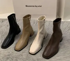 スクエアトゥ ショートブーツ レディース 秋冬 新作 ストレッチ ブーツ 太ヒール サイドジップ おしゃれ 美脚効果 韓国風 通勤 通学 デイリー 黒 白 茶 きれいめ カジュアル
