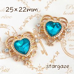 【 2個 】 25×22mm ハートセンターパーツ ストーン ビジュー ピーコックグリーン×ゴールドフレーム