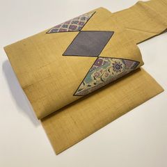 ★美品　名古屋帯　紬　茶色　花　切ばめ風　ひし形★ r827